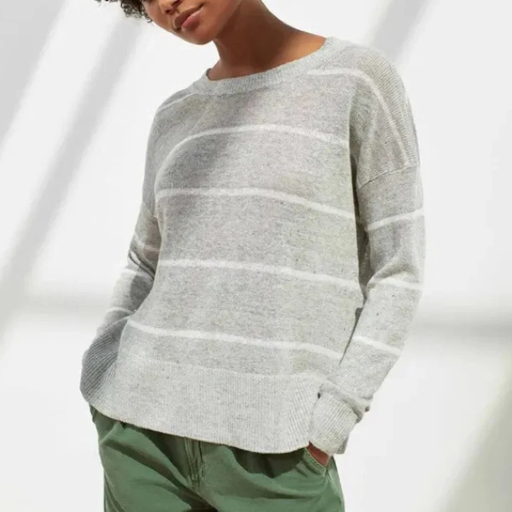 White + Warren Linen Striped Open Crewneck Sweater